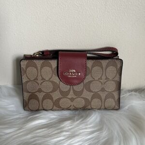Coach C2874 Tech Phone Wallet Signature Canvas Khaki Cherry Red Wristlet NEW